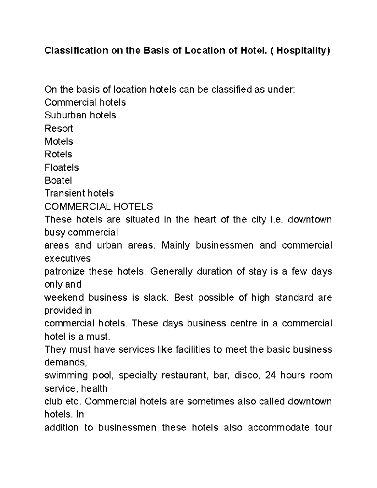 Classification of Hotels by Location (Hospitality) - Studocu