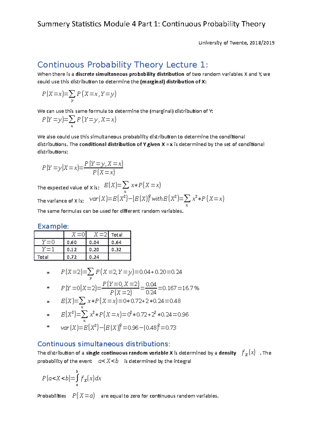 Statistics Summary: Continuous Probability Theory (Part 1) - Studeersnel