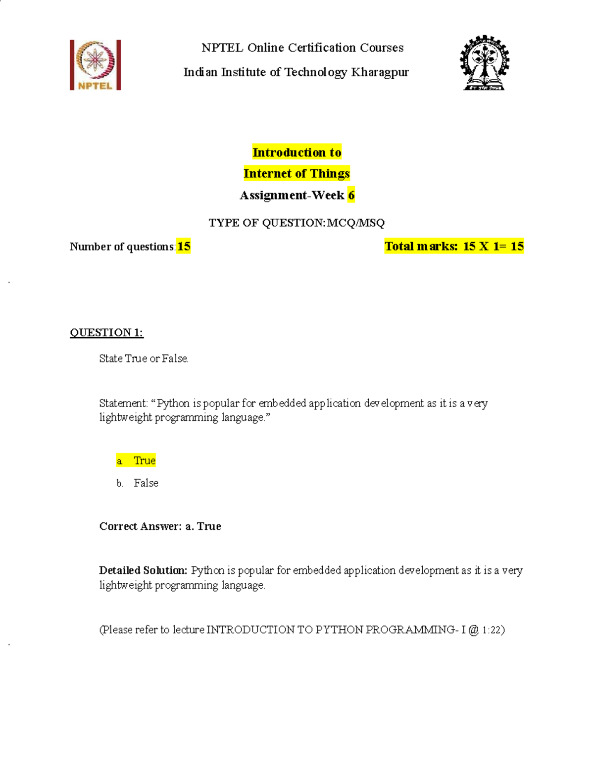 NPTEL 6-week assignment on Internet of Things and Python programming ...