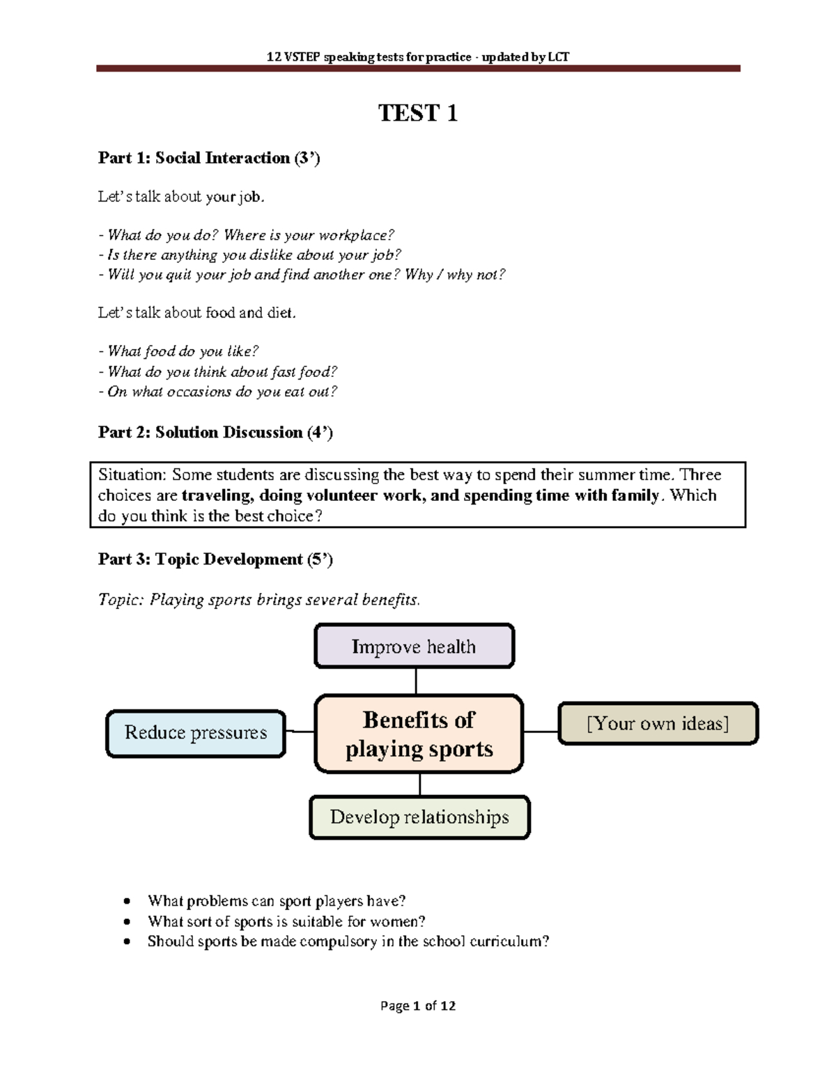 Vstep Speaking book 5 new - TEST 1 Part 1: Social Interaction (3’) Let ...