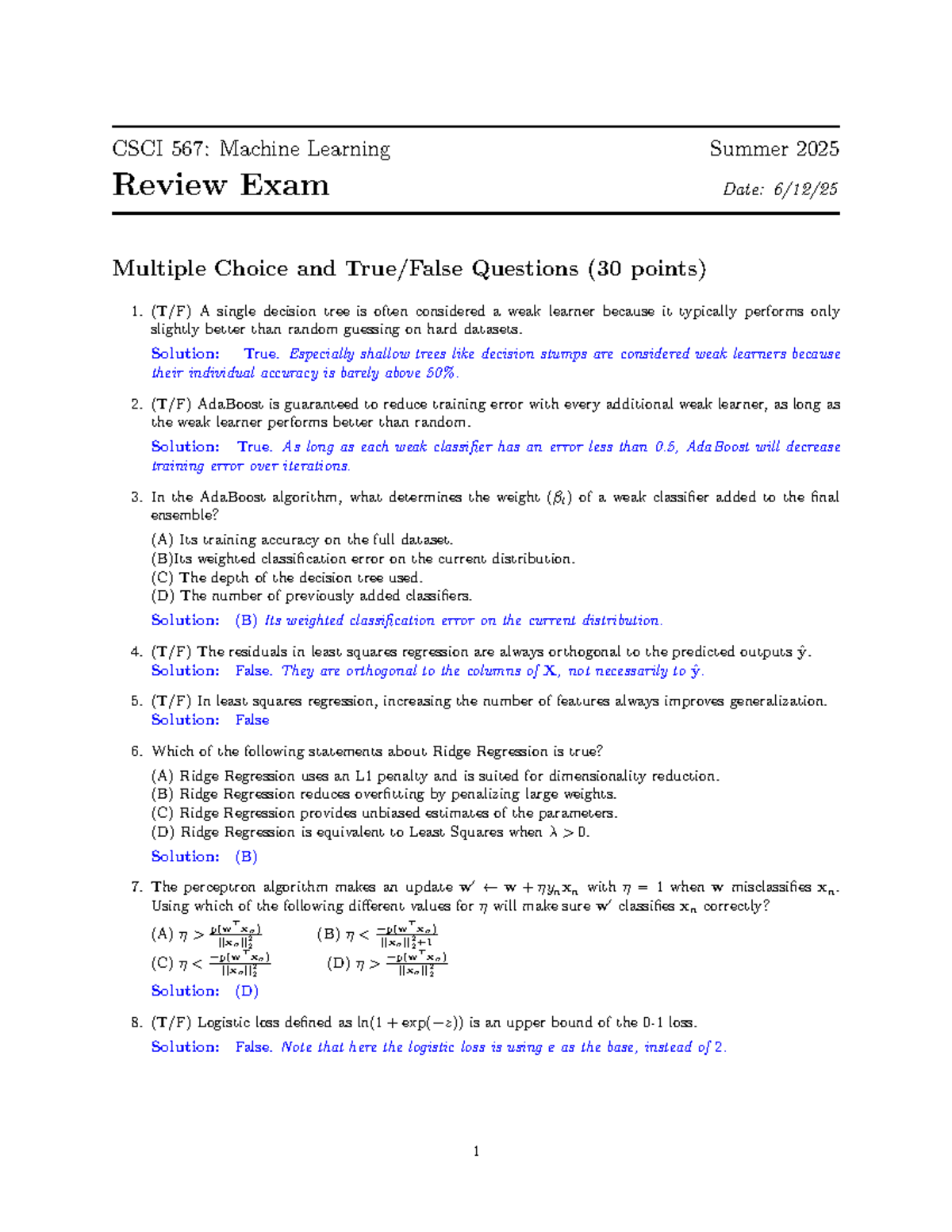 CSCI 567: Machine Learning Summer 2025 Midterm Review Exam Notes - Studocu