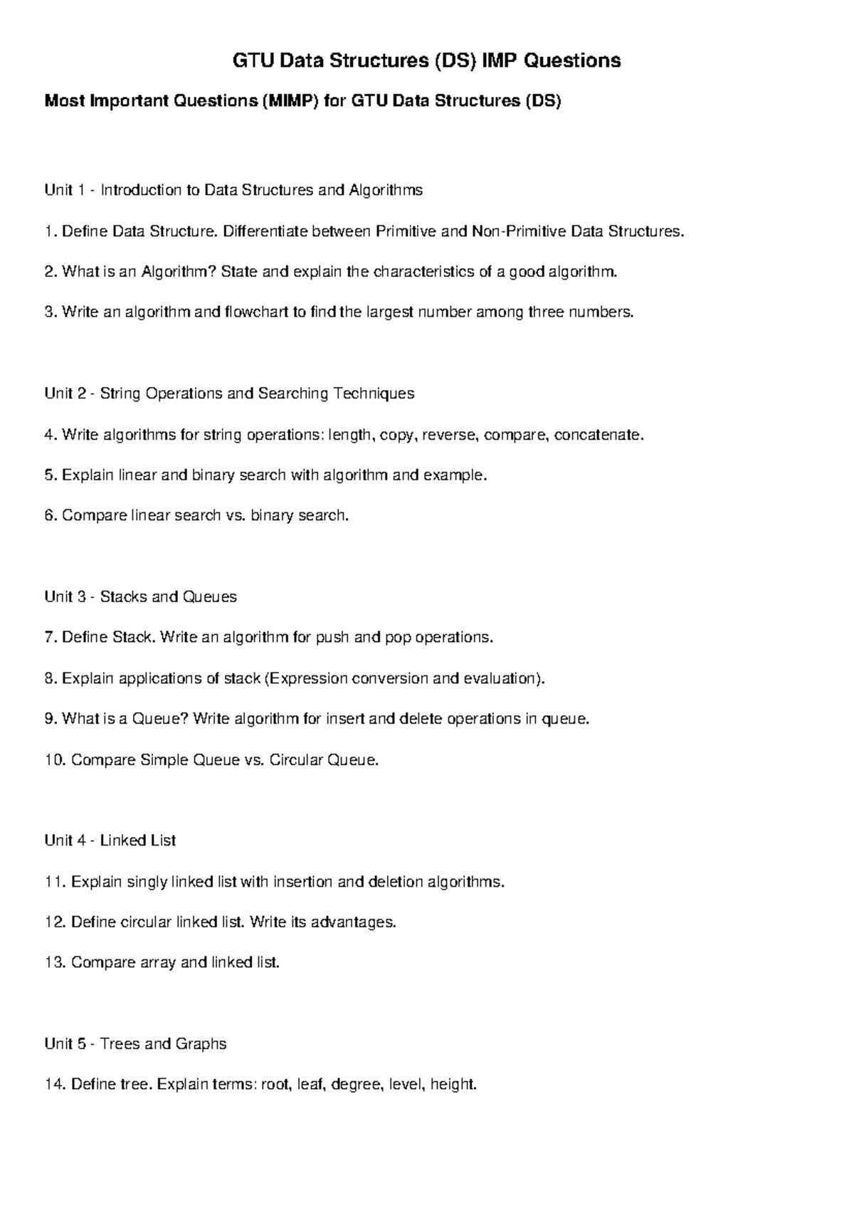GTU DS MIMP Questions: Key Concepts in Data Structures - Studocu