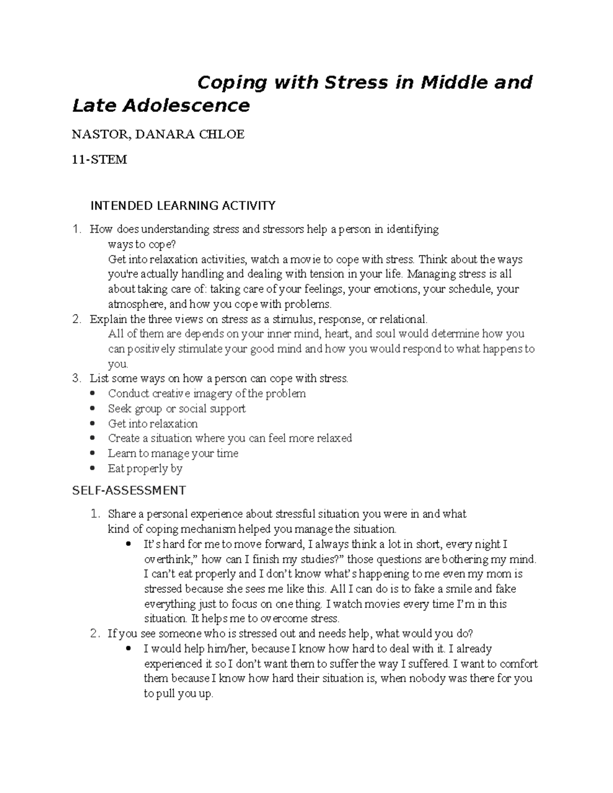 Coping with Stress in Middle and Late Adolescence Danara Chloe Nastor ...