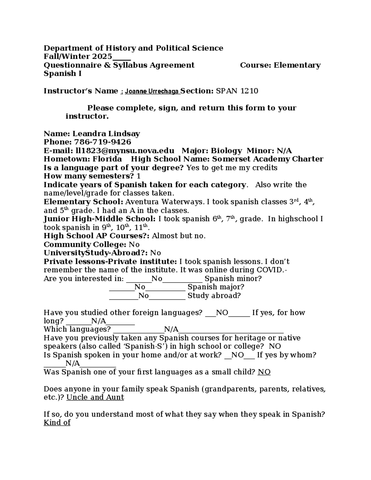 SPAN 1210 Spanish I Questionnaire & Syllabus Agreement - Studocu
