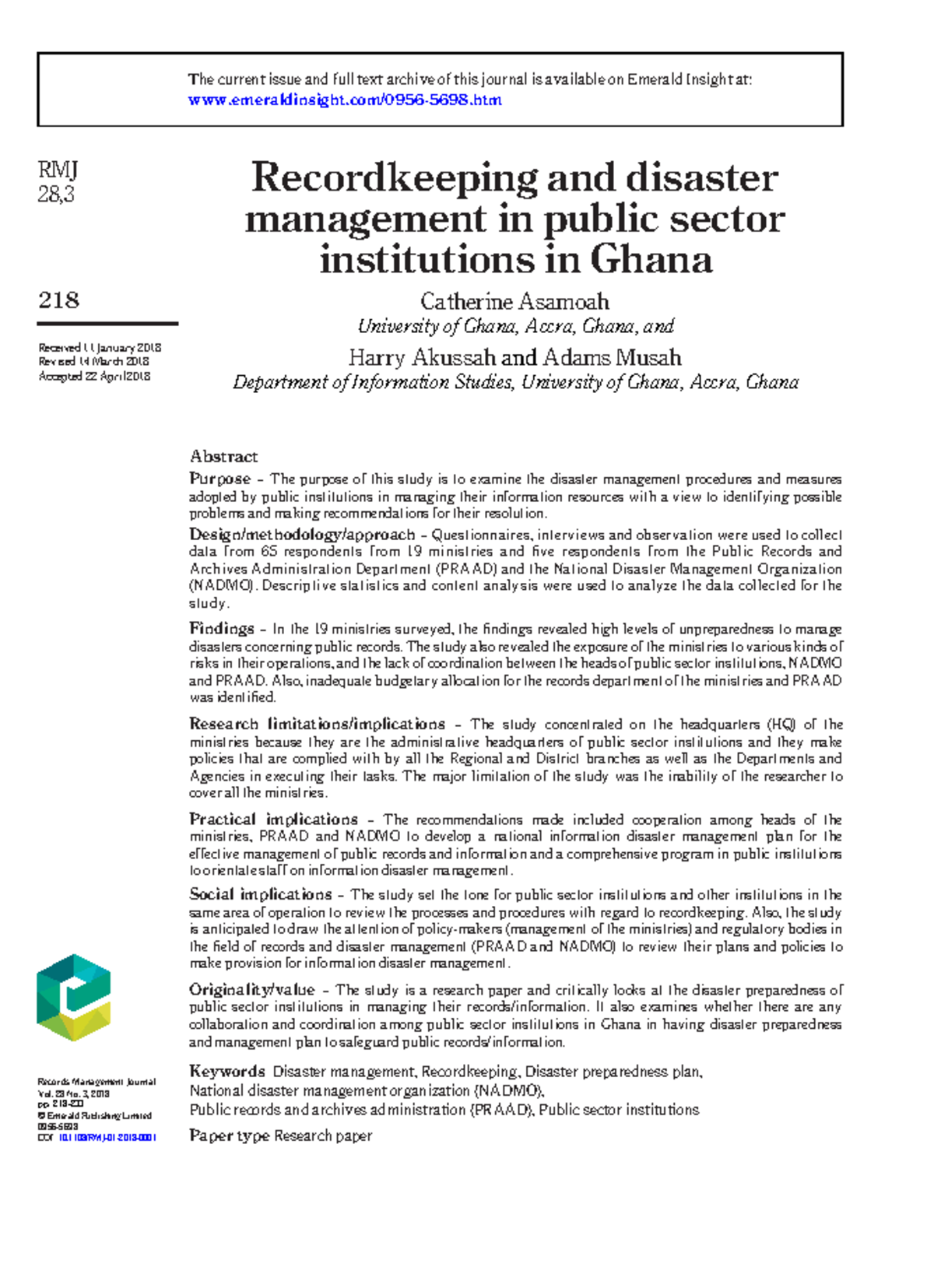 Disaster Management and Recordkeeping in Public Sector Institutions ...