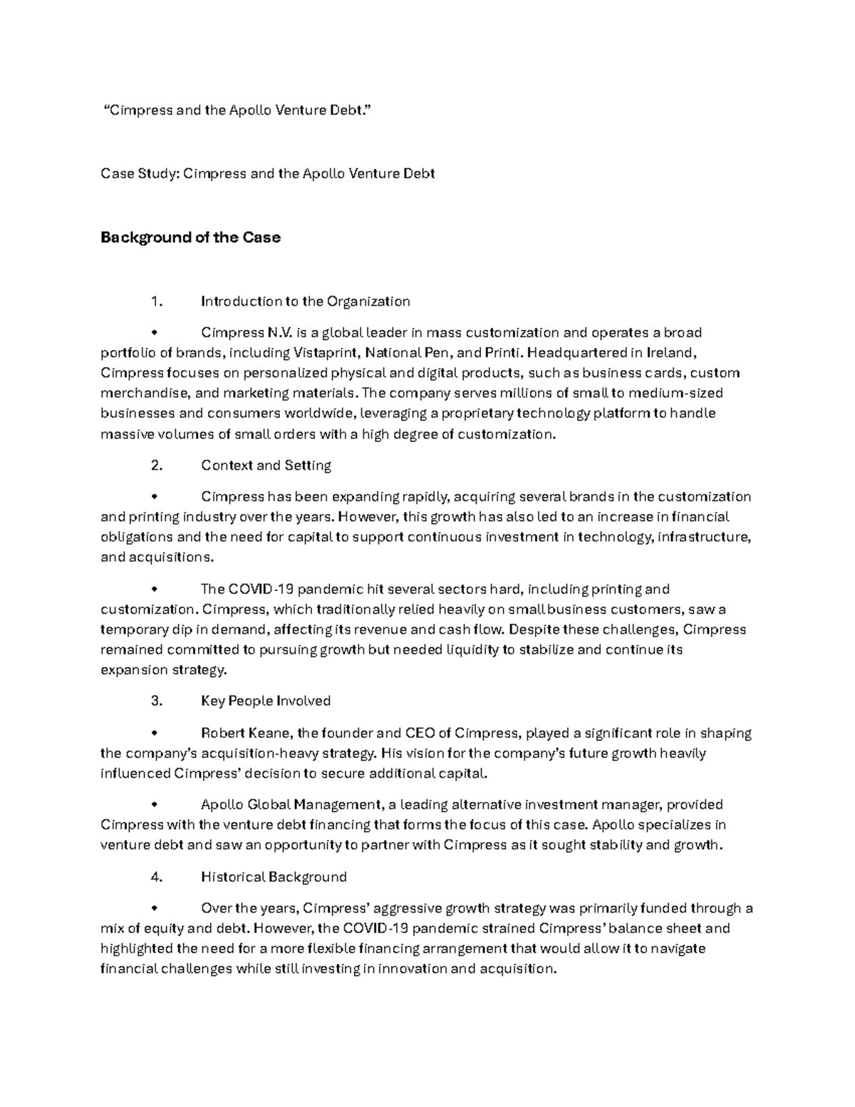 Case Study: Analyzing Cimpress and Apollo Venture Debt Impact - Studocu