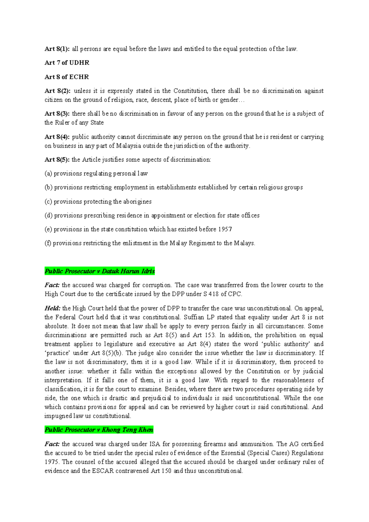 Analysis of Article 8 of the Federal Constitution: Equality and ...