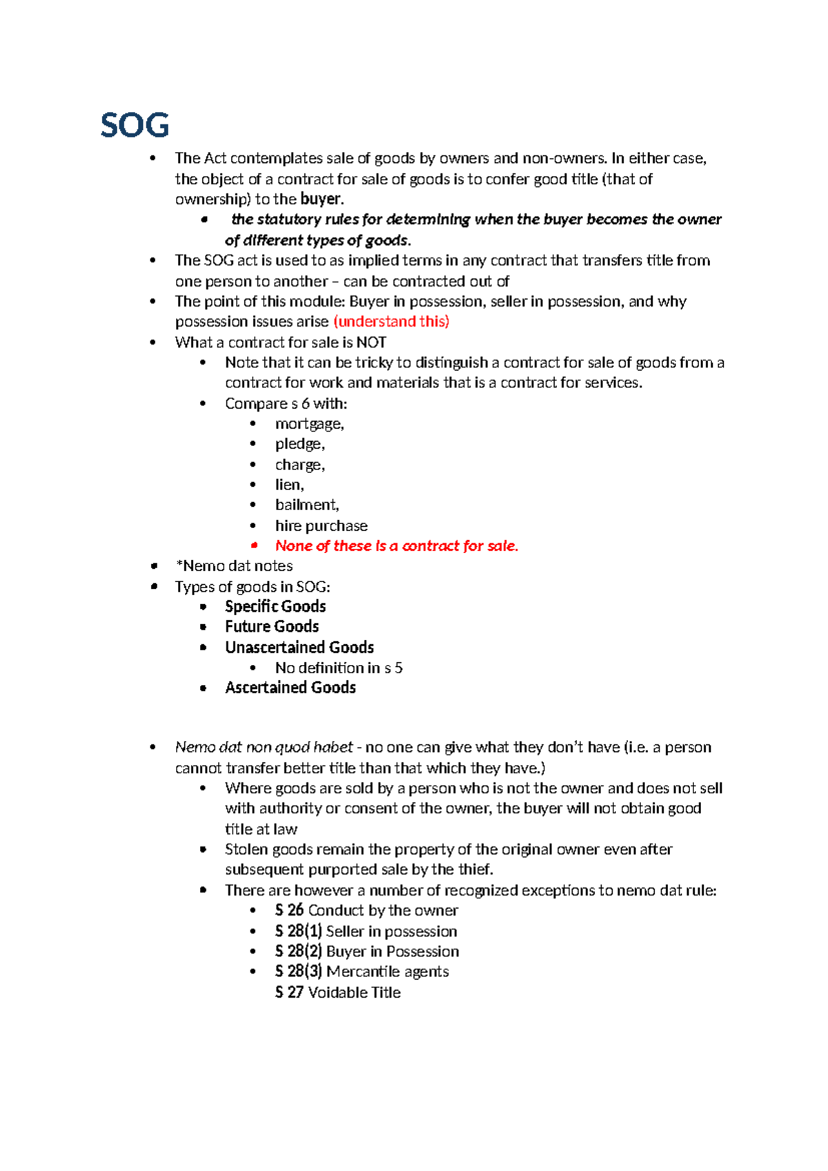 Sale of Goods (SOG) Overview: Ownership and Title Issues - Studocu