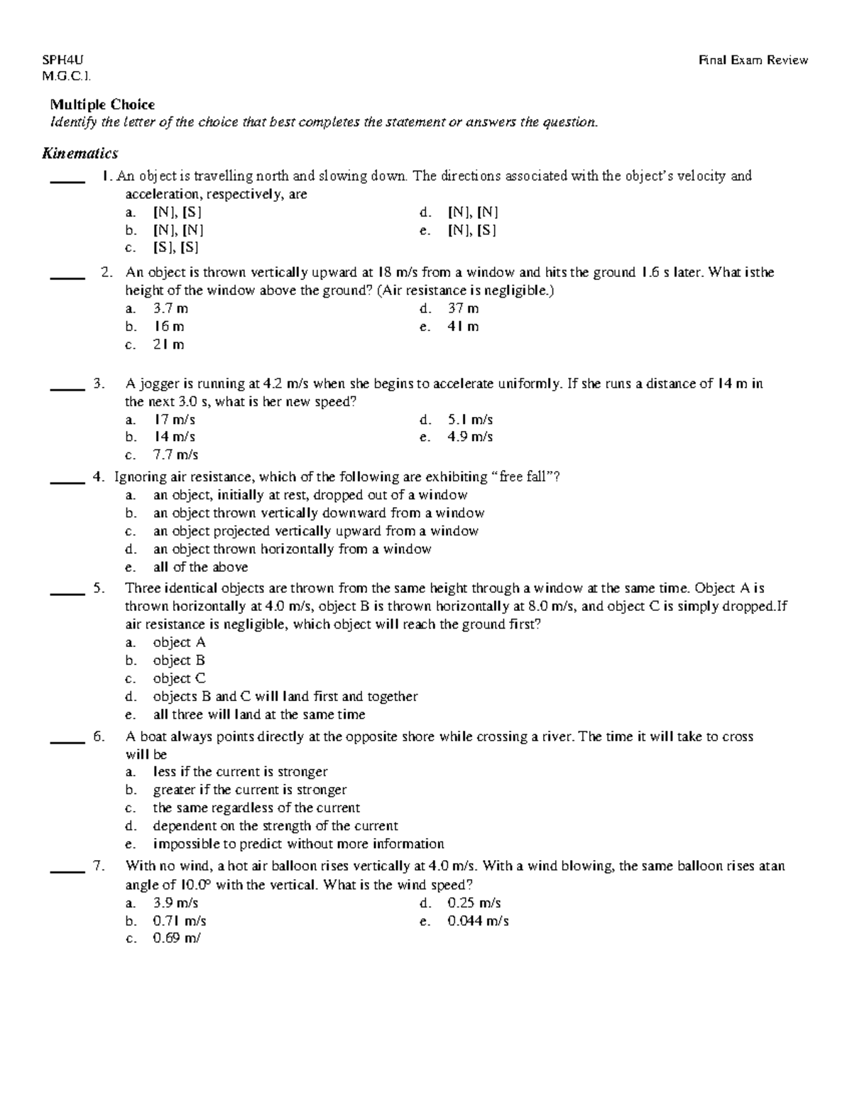 SPH4U M.G.C.I. Final Exam Review: Multiple Choice Questions - Studocu