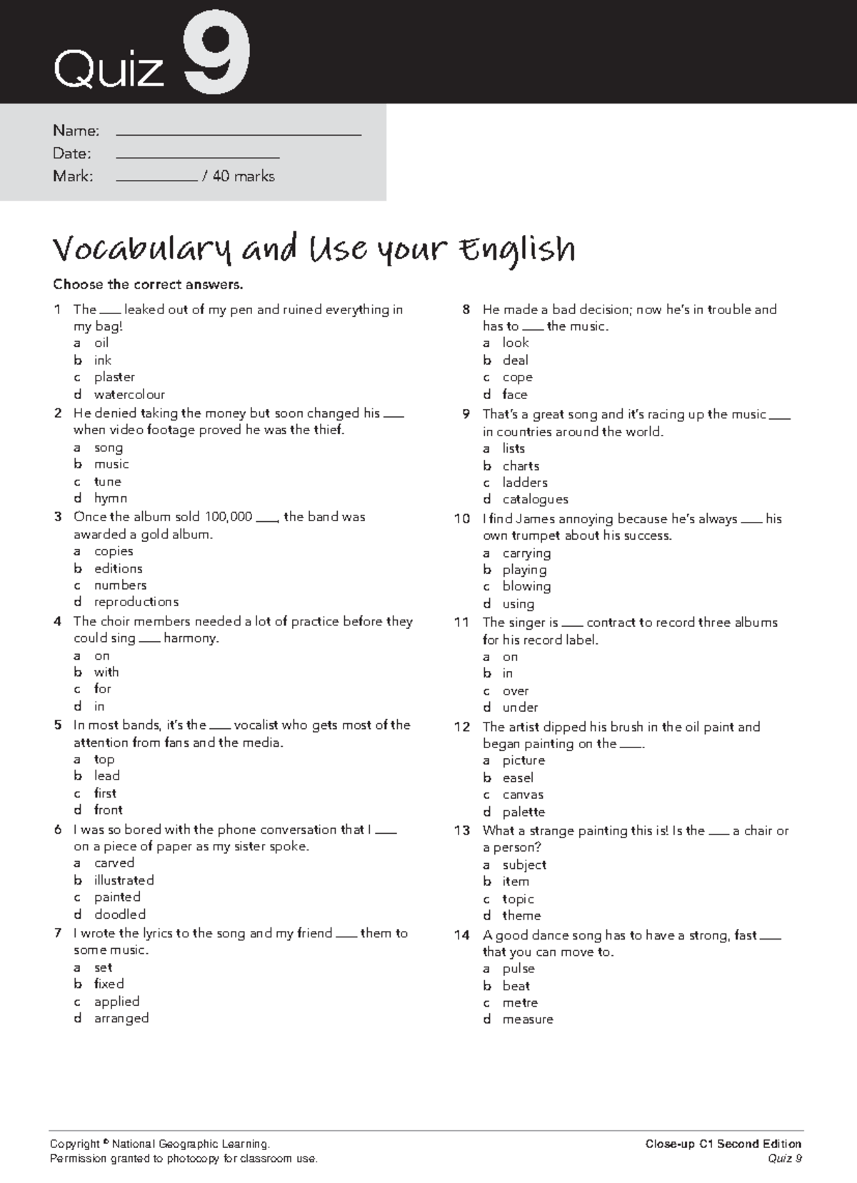 Close-up C1 - Quiz 9 Answers and Vocabulary Review - Studocu