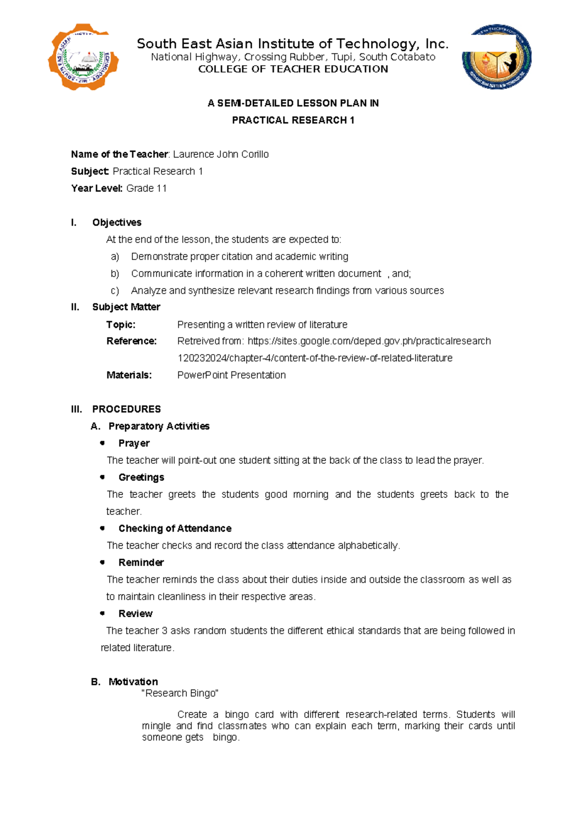 Lesson Plan in Practical Research 1 Day 5 - South East Asian Institute ...