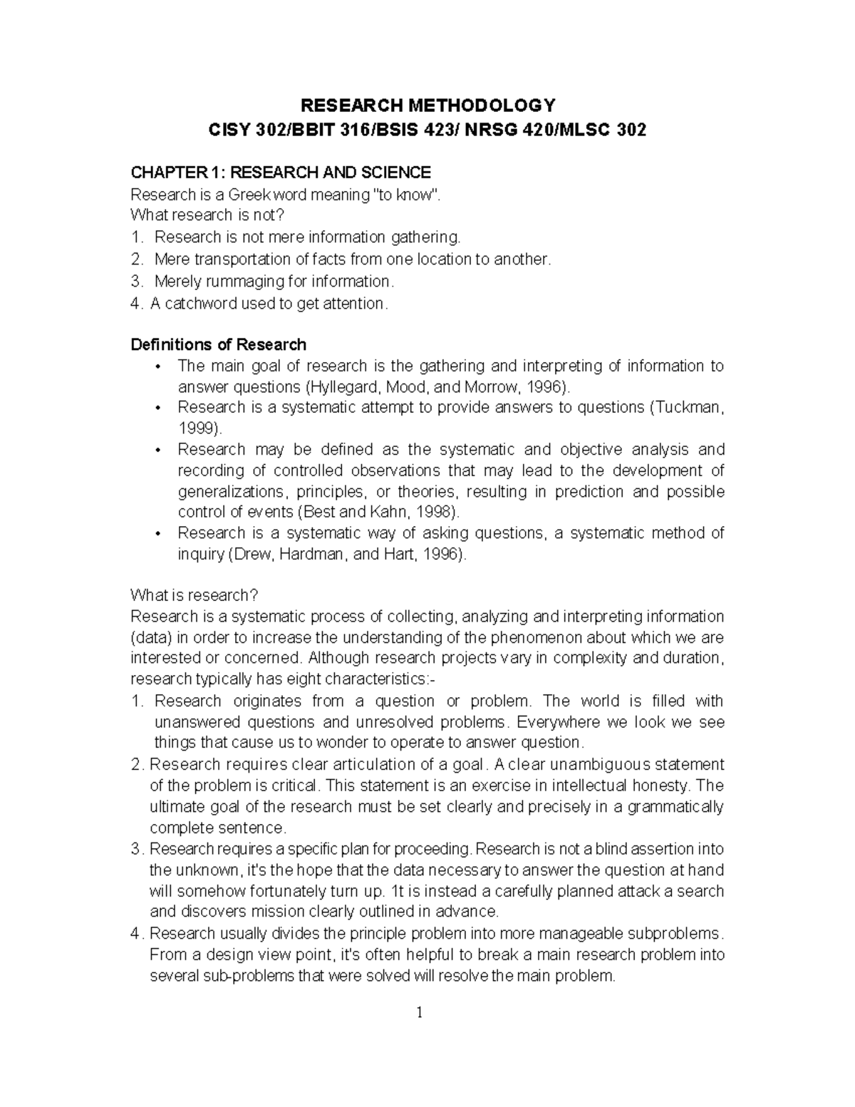 CISY 302 Research Methods Lecture Notes: Chapter 1 Overview - Studocu