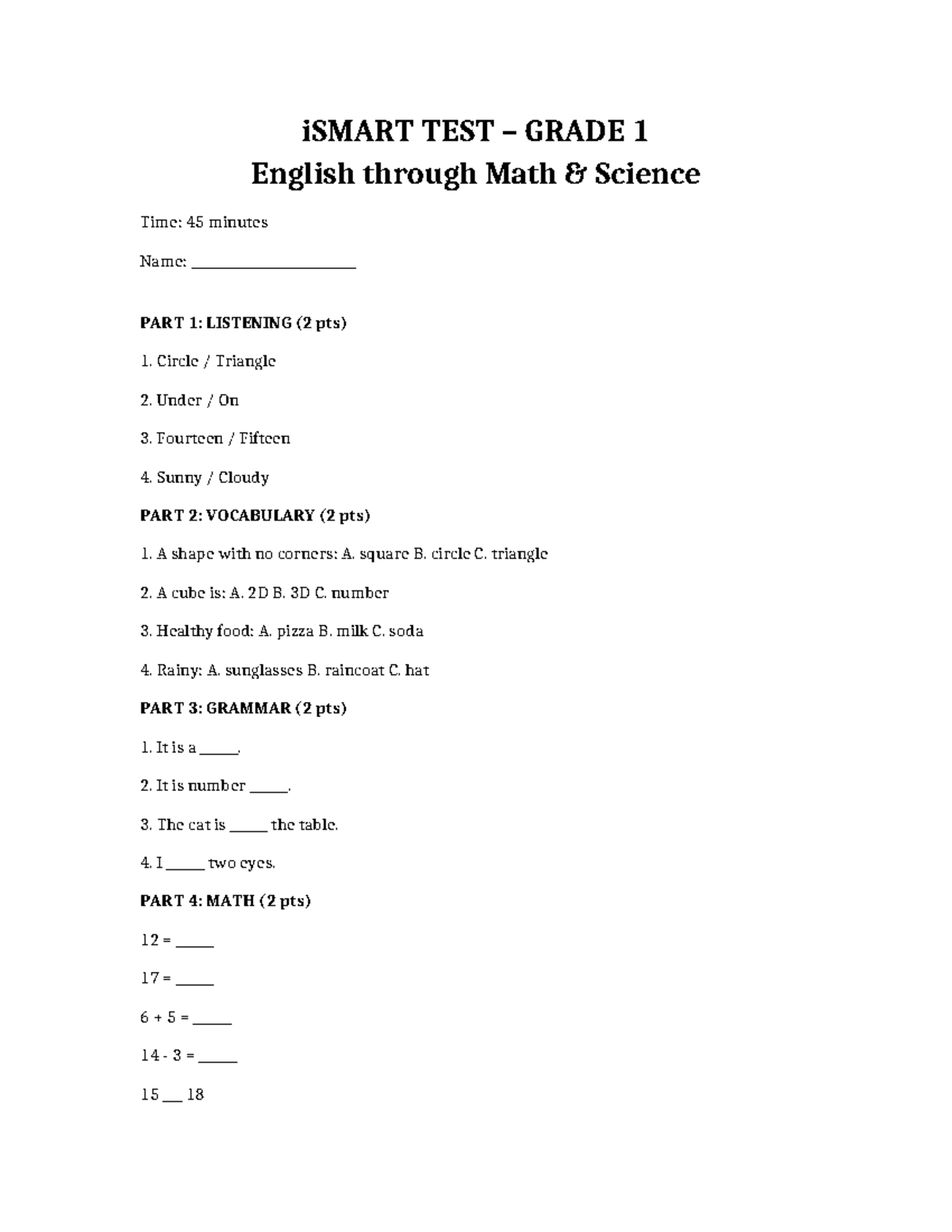 iSMART Grade 1 English & Math Test - Listening, Vocabulary, Grammar ...
