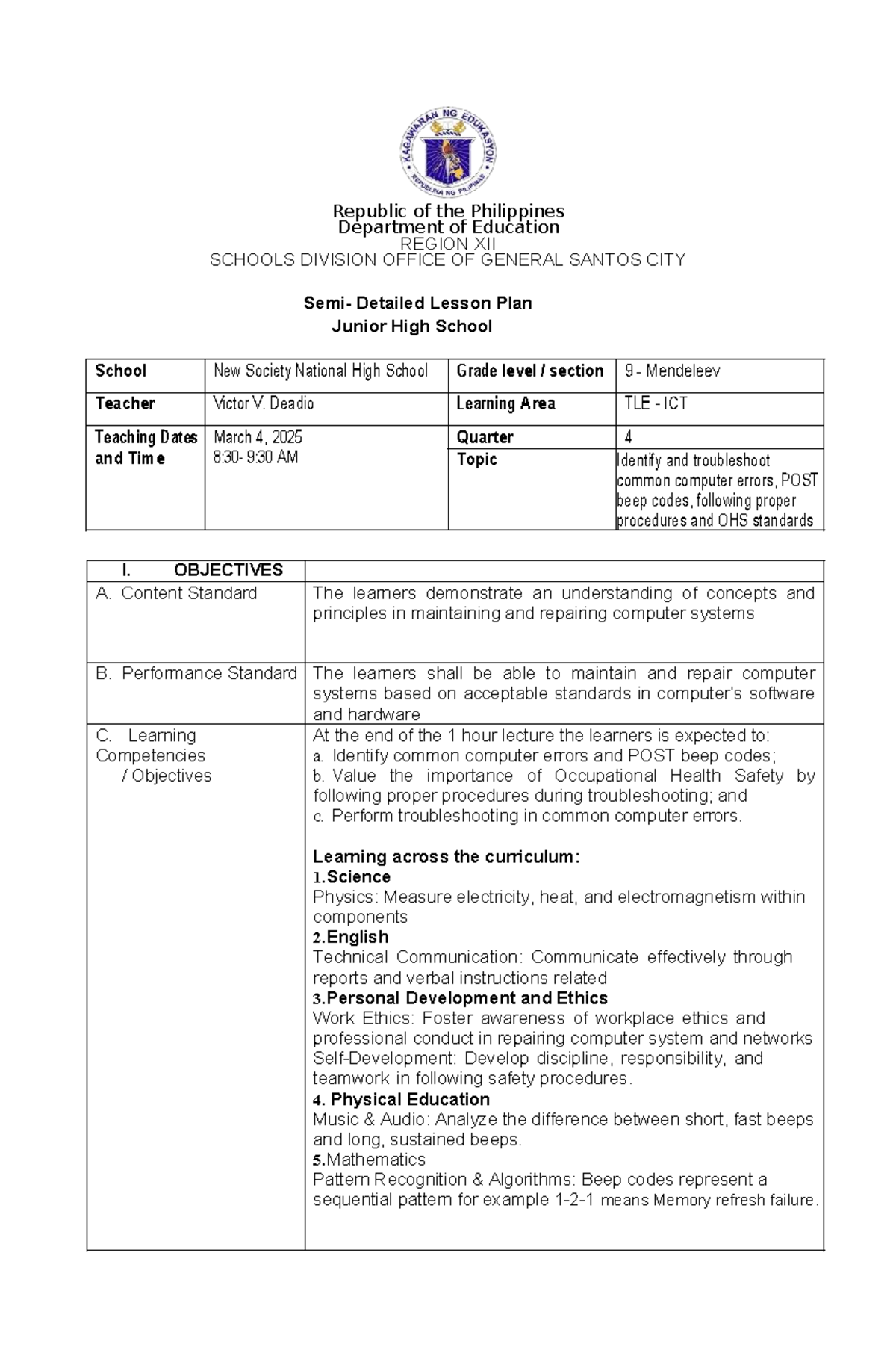 Detailed Lesson Plan for TLE ICT (Grade 9) - Troubleshooting Computer ...