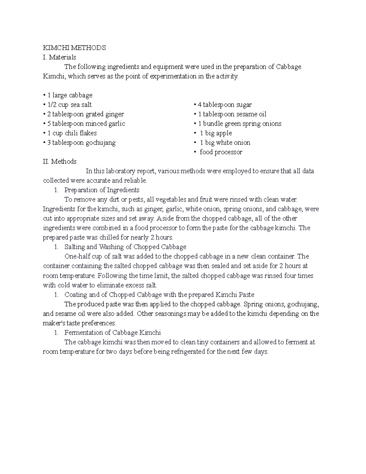 Kimchi preparation methods and ingredients for lab report - Studocu