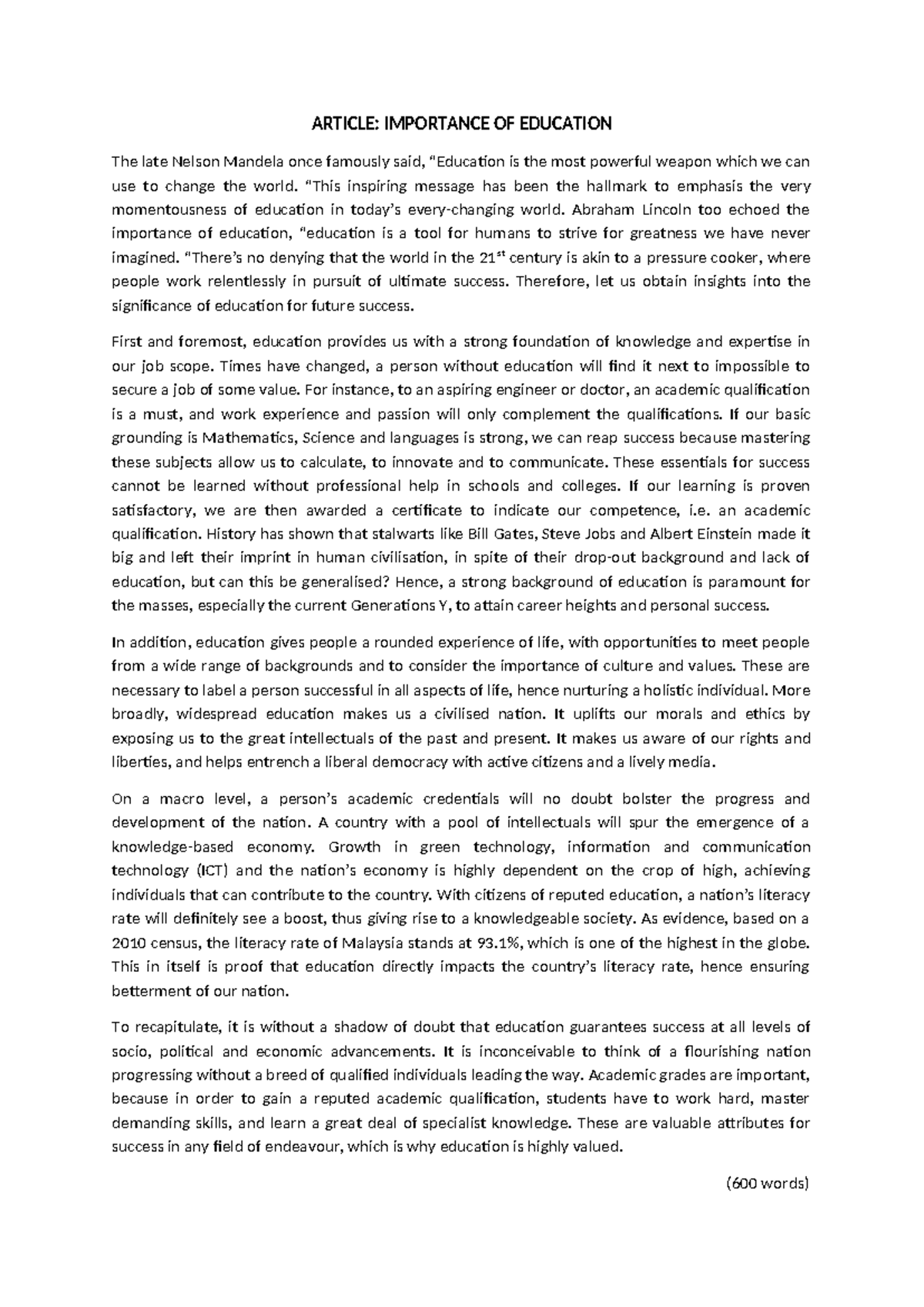 Contoh elc evaluative - ARTICLE: IMPORTANCE OF EDUCATION The late ...