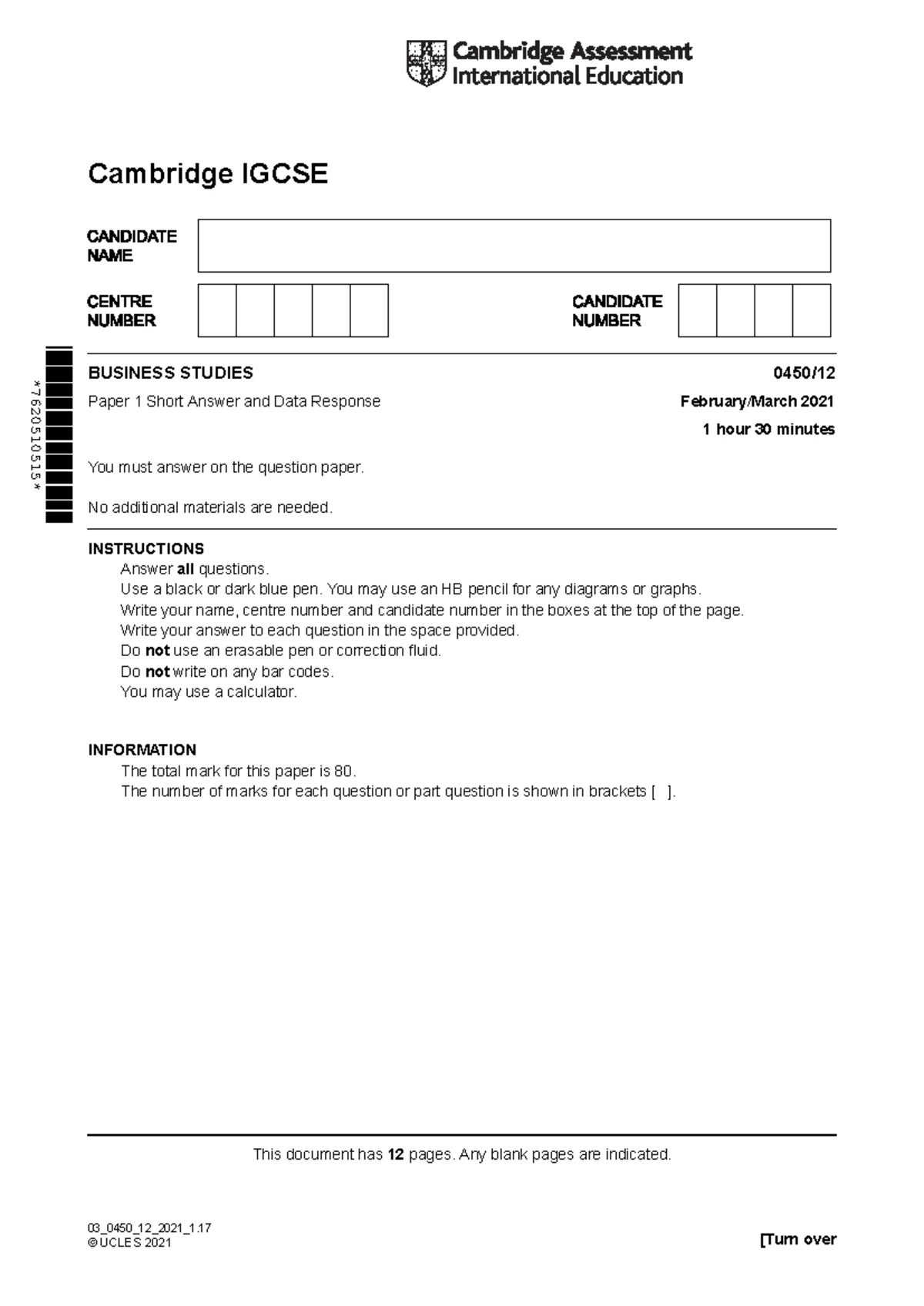 Cambridge IGCSE Business Studies 0450/12 Paper 1 Short Answer & Data ...