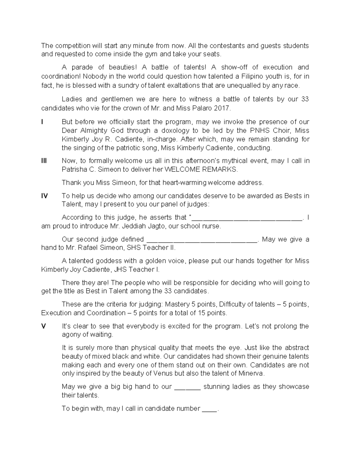 Mr. and Miss Palaro 2017 Talent Show Script - Studocu