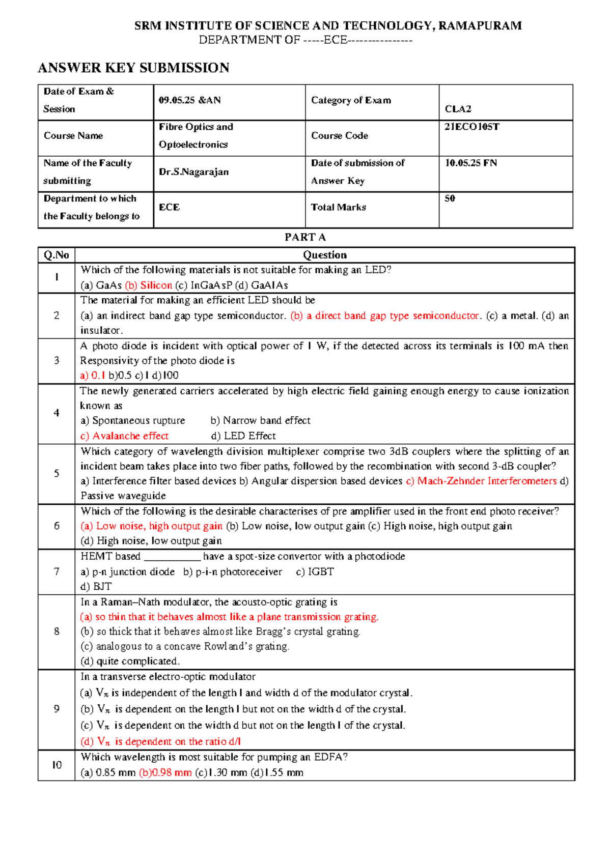Answer Key Set B for 21ECO105T: Fibre Optics & Optoelectronics Exam ...