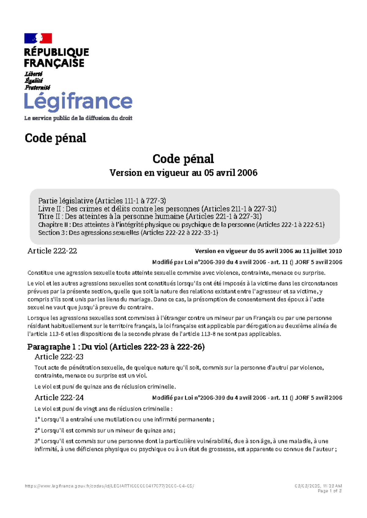 Section 3 - Des agressions sexuelles (Articles 222-22 à 222-33-1 ...