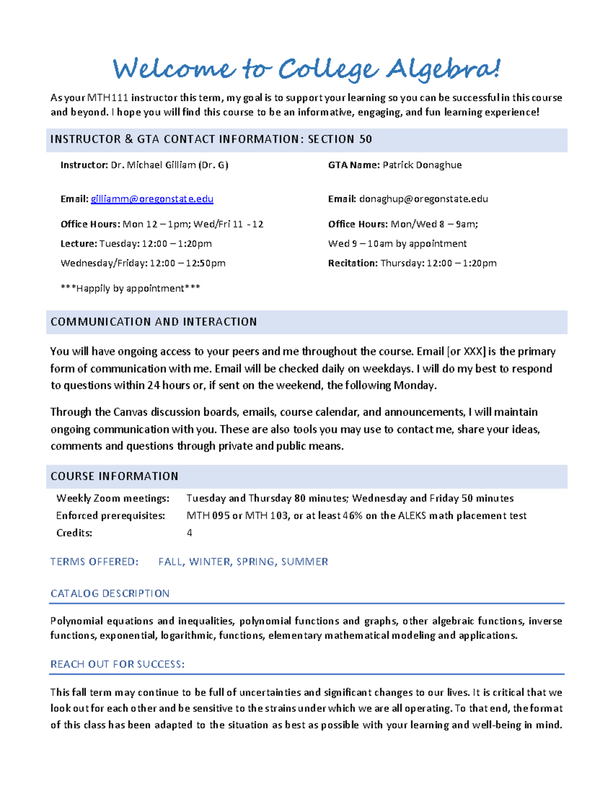 MTH 111 - College Algebra Syllabus, Fall 2020, Section 50 - Studocu