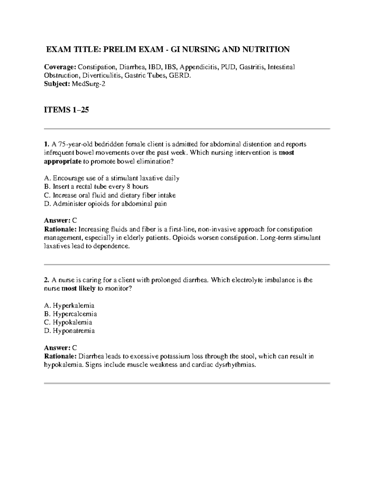 Medsurg 2 Prelim Exam: Nursing Interventions & GI Conditions - Studocu