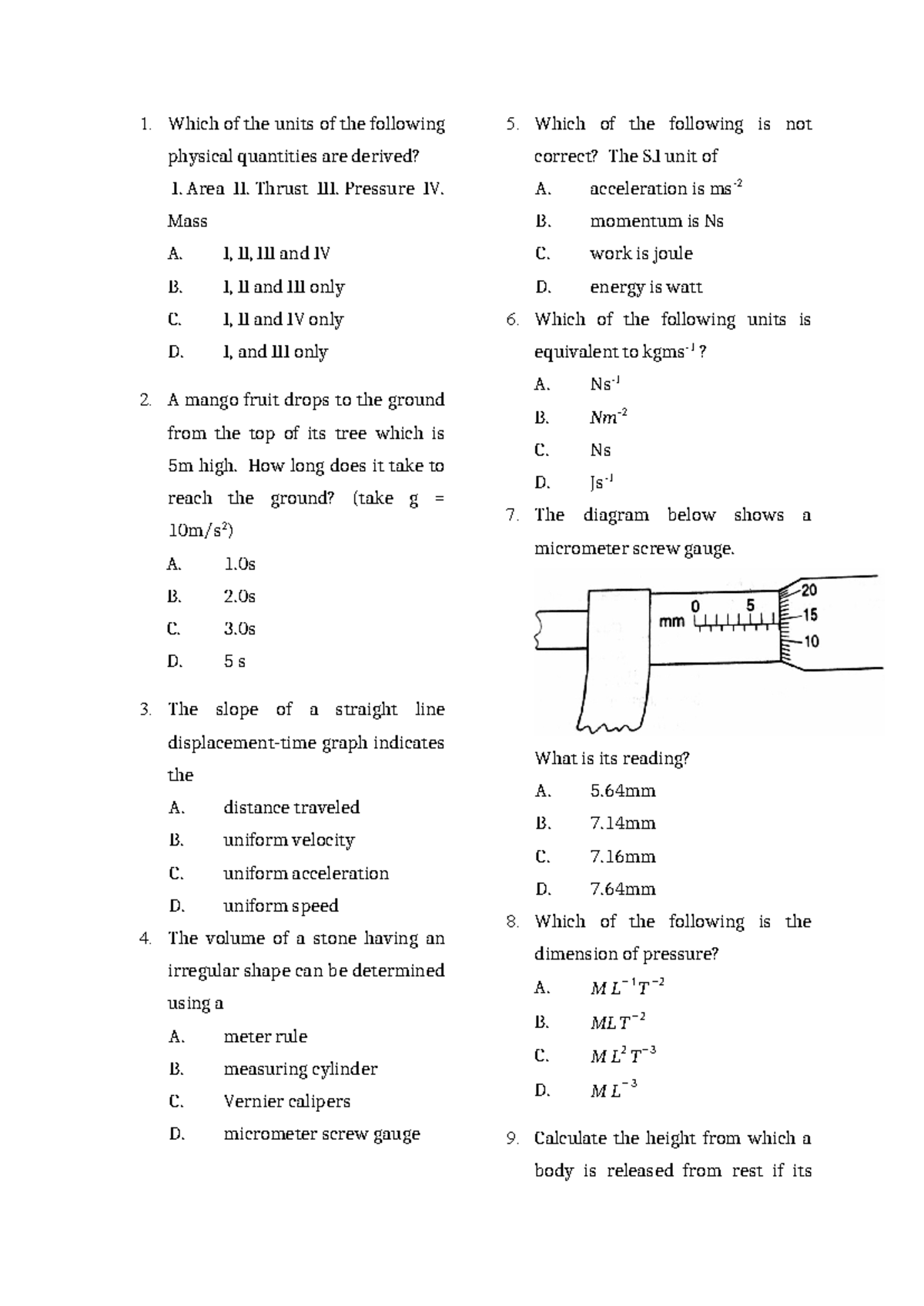 SS1 Physics Test: Understanding Physical Quantities and Motion - Studocu