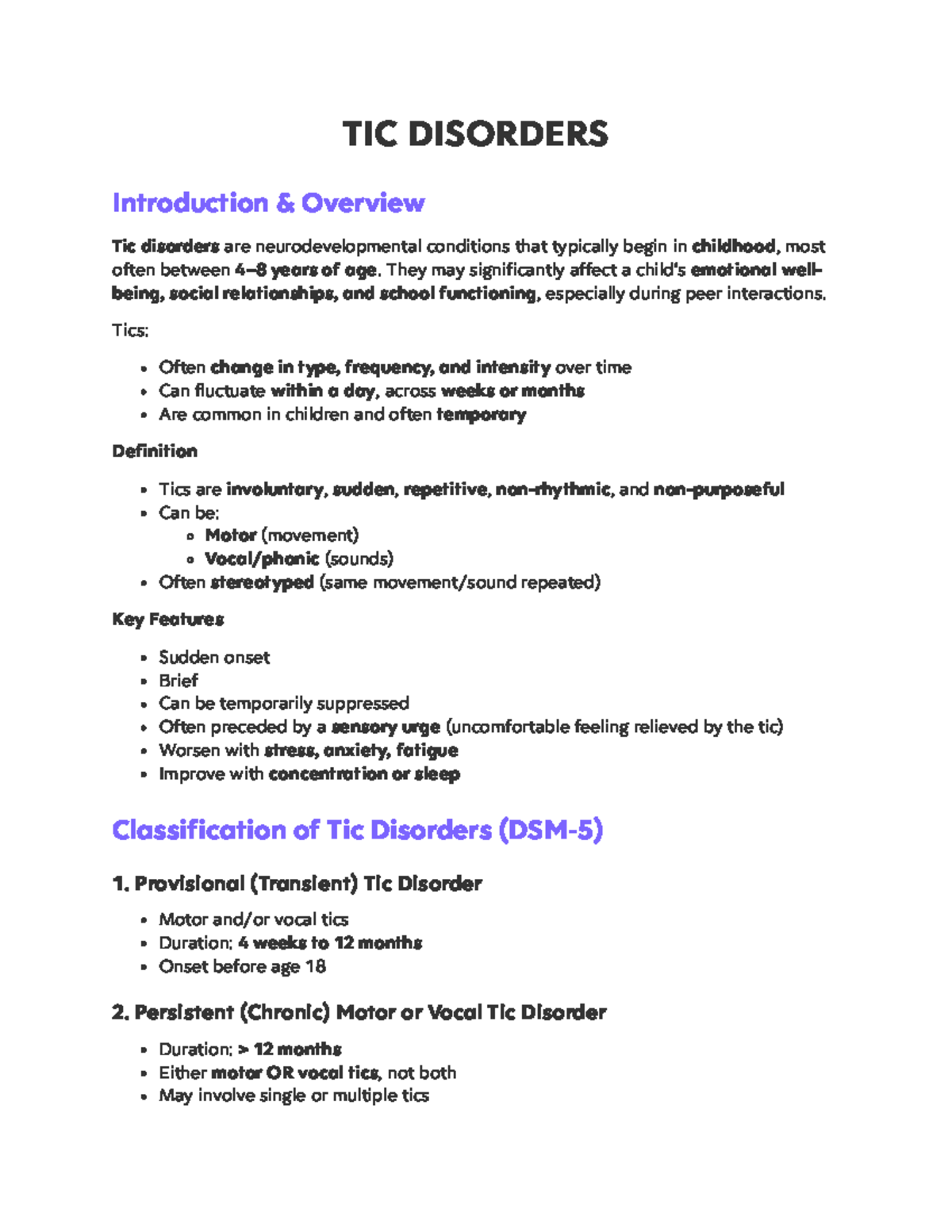 TIC DISORDERS: Comprehensive Overview and Classification - Studocu