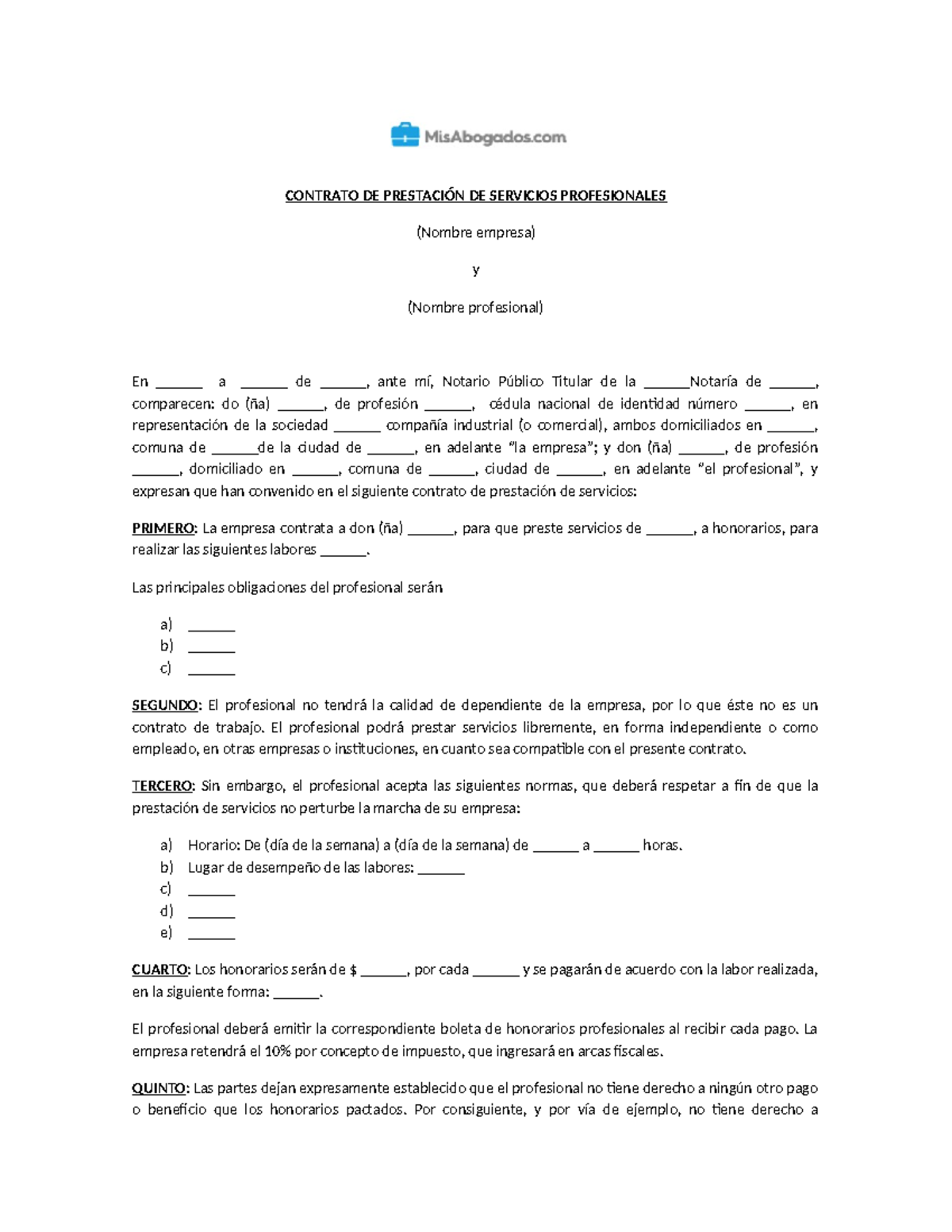 Modelo de Contrato de Honorarios para Servicios Profesionales - Studocu