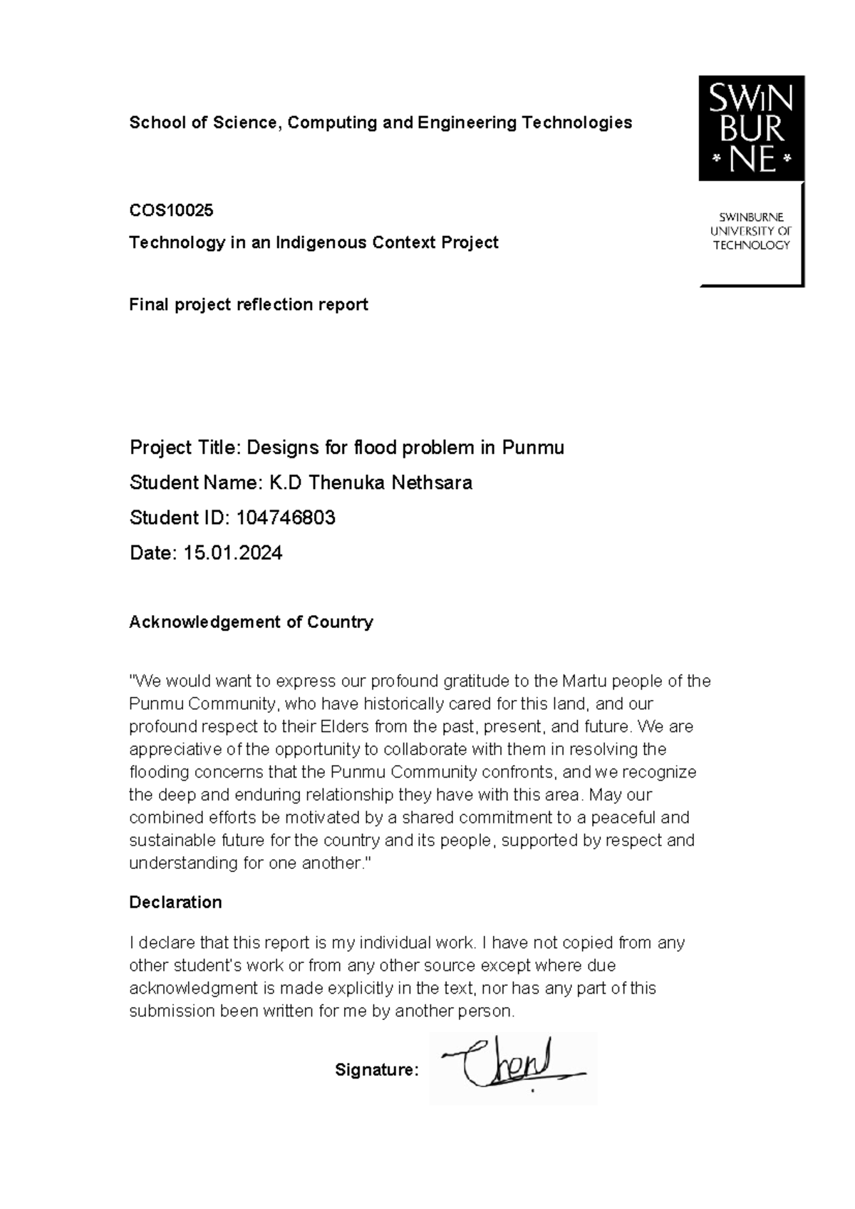 COS10025 Final Project Reflection Report: Solutions for Punmu Flood Issues - Document Preview