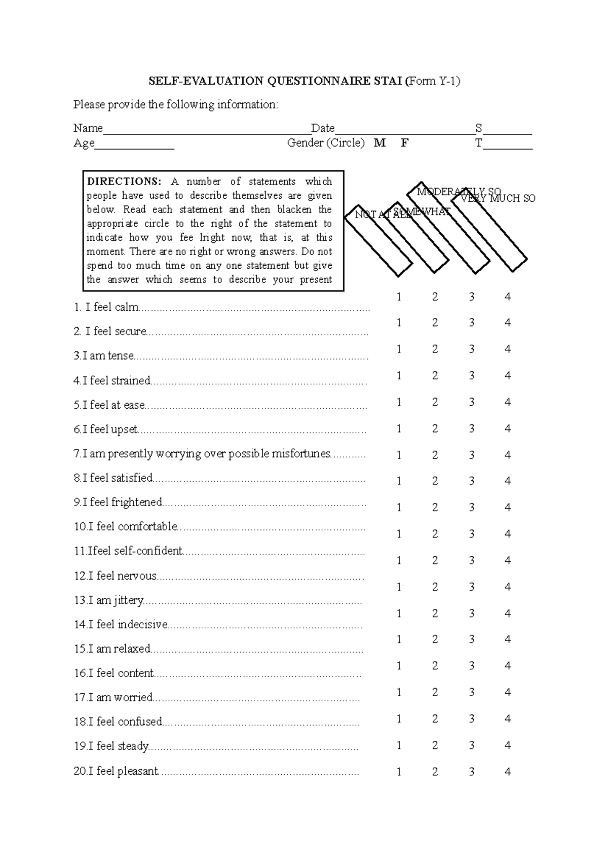 Self-Evaluation Questionnaire STAI (Form Y-1) for Calmness Assessment ...