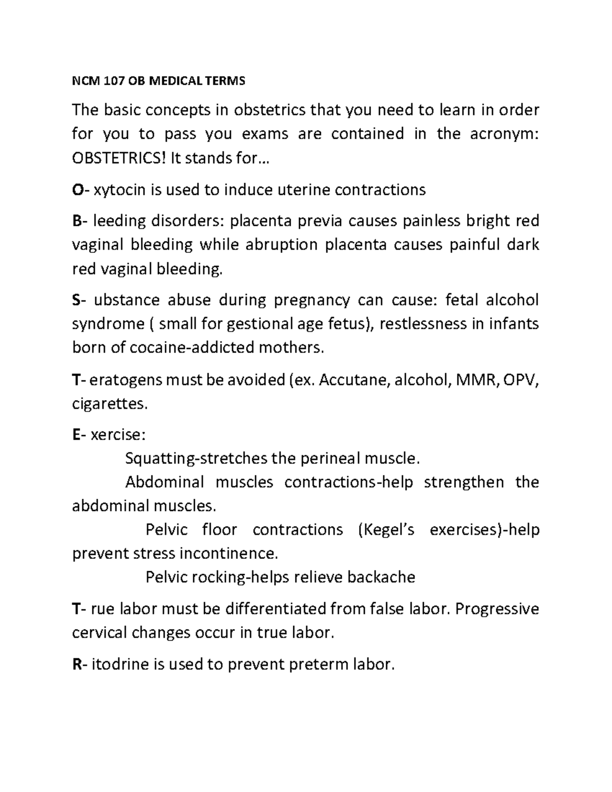 OB Medical Terms - Lecture notes 1 - NCM 107 OB MEDICAL TERMS The basic ...