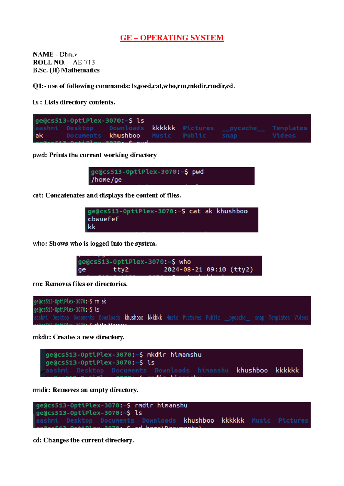 Operating system - GE – OPERATING SYSTEM NAME - Dhruv ROLL NO. - AE ...