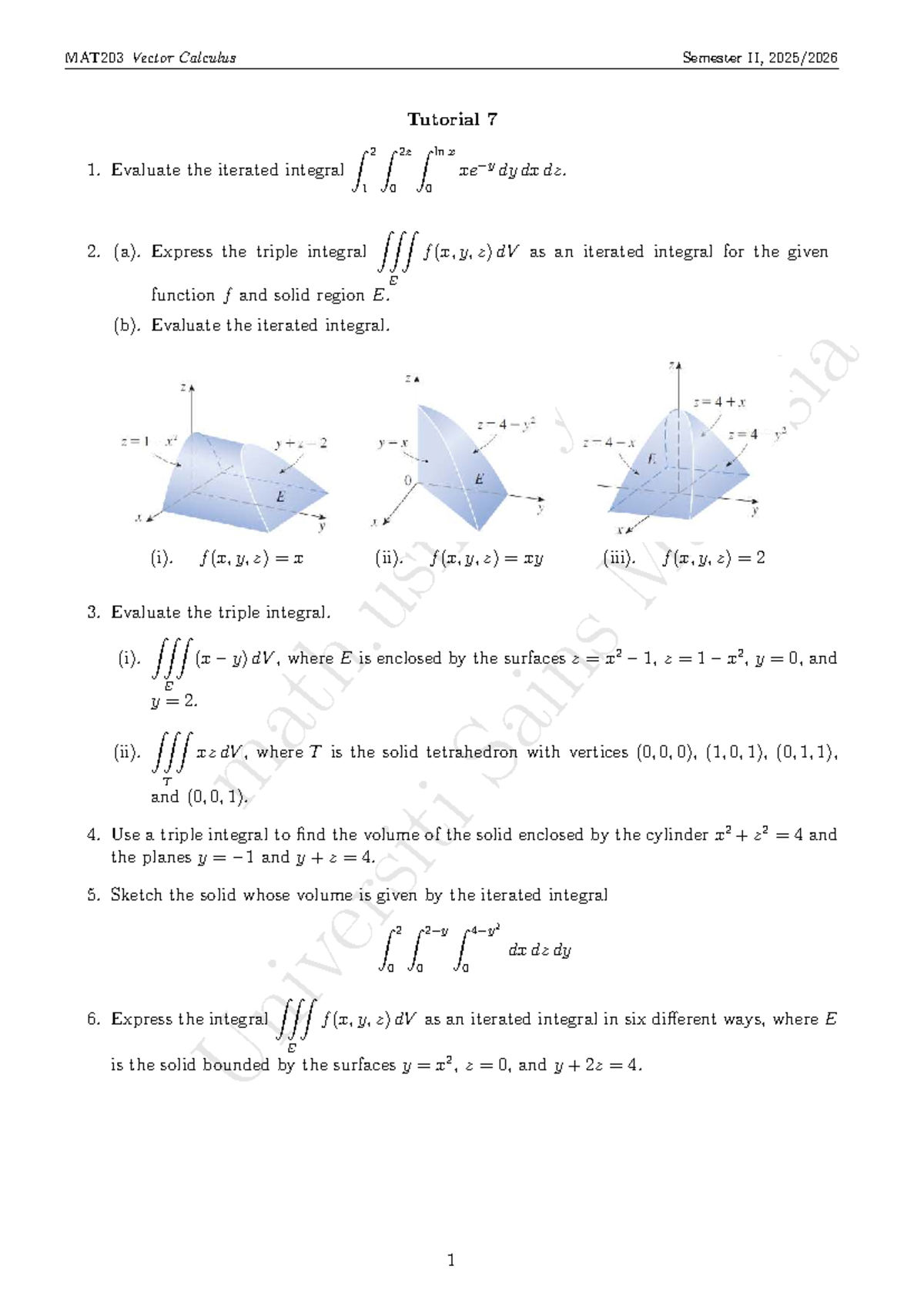 MAT203 Vector Calculus II: Tutorial 7 - Iterated Integrals and Volume ...