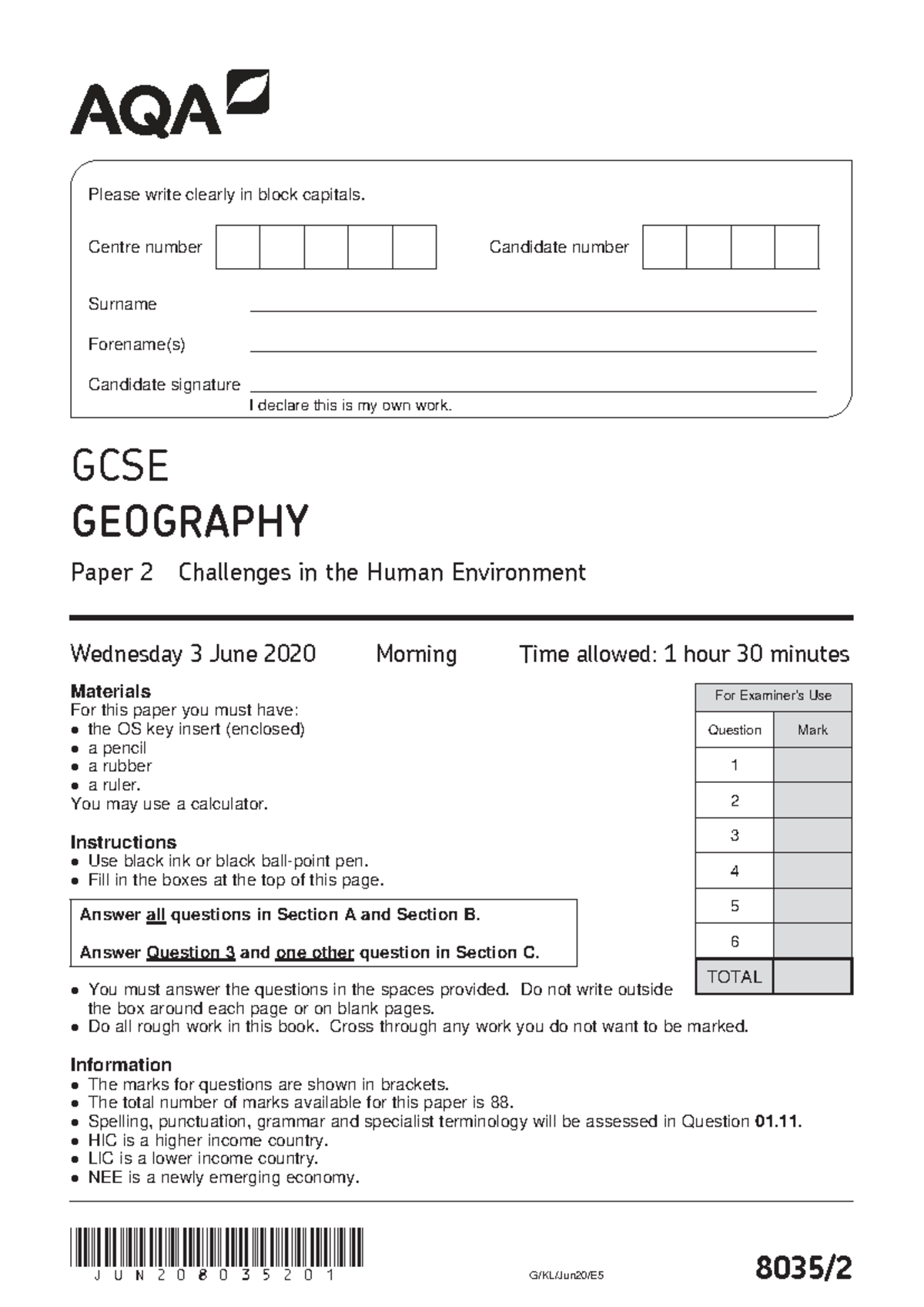GCSE GEOGRAPHY Paper 2: Challenges in the Human Environment ...