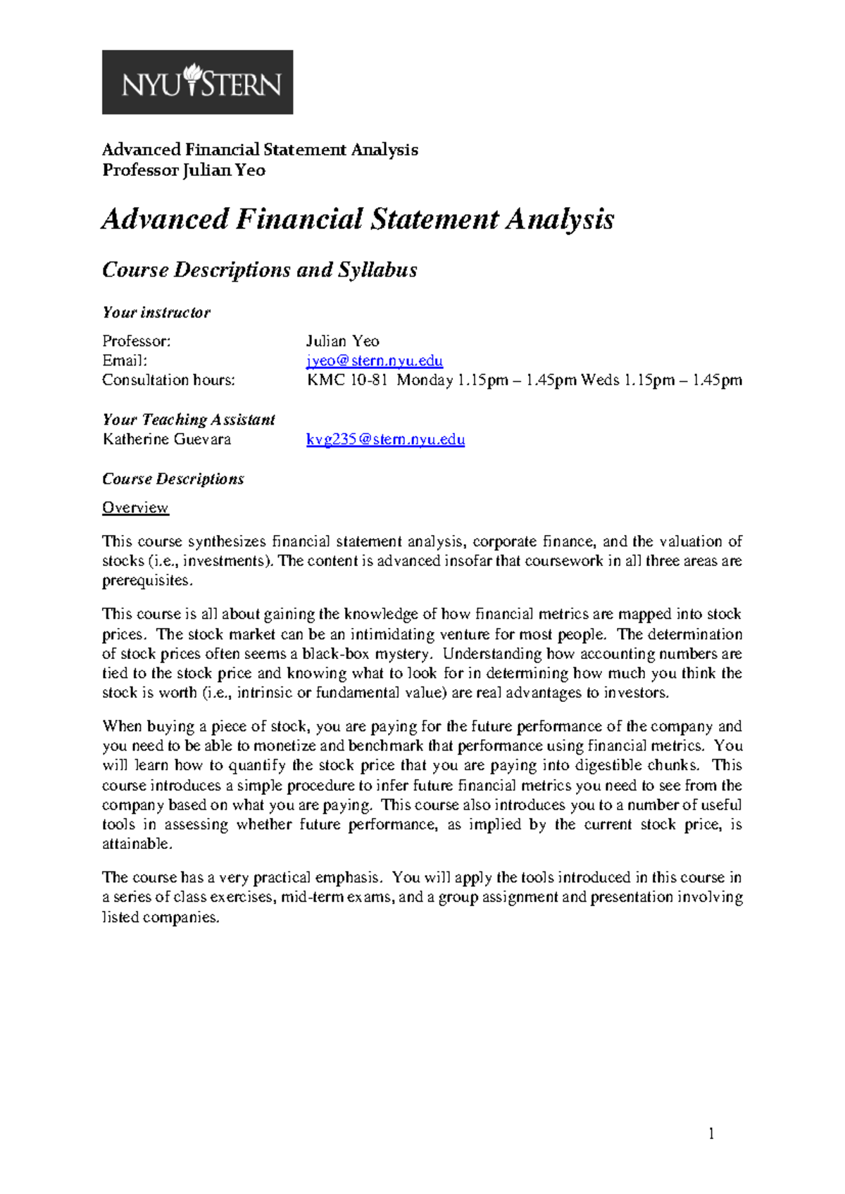 Advanced FSA NYU 2019 - Summary of Financial Statement Analysis - Studocu