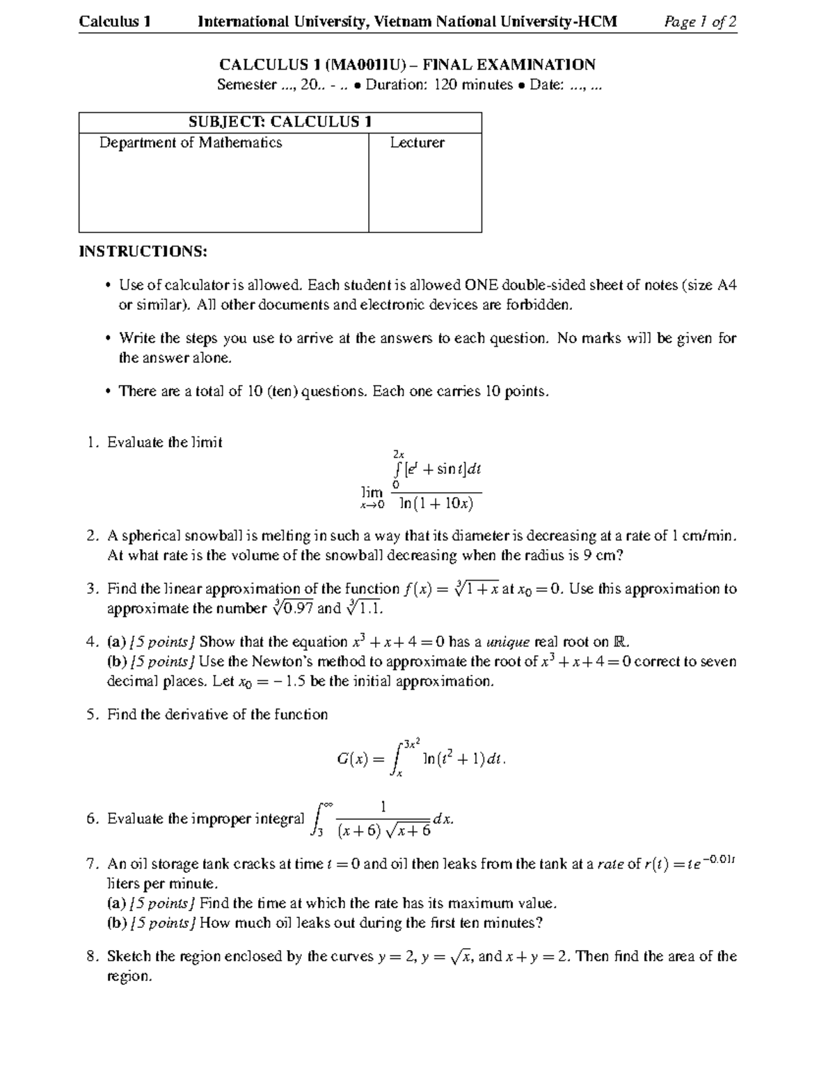 MA001IU Calculus 1 Final Exam Sample - March 2023 - Studocu
