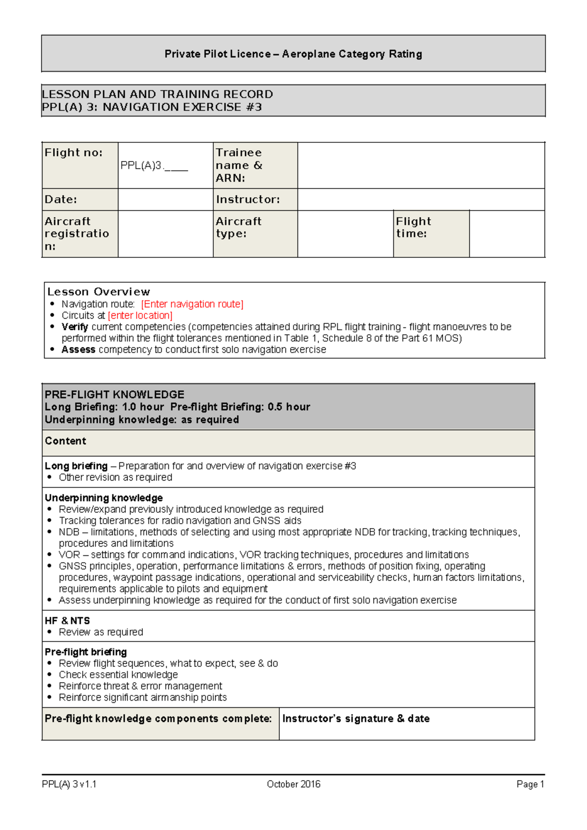 PPL(A) 3: Navigation Exercise Lesson Plan and Training Record - Studocu