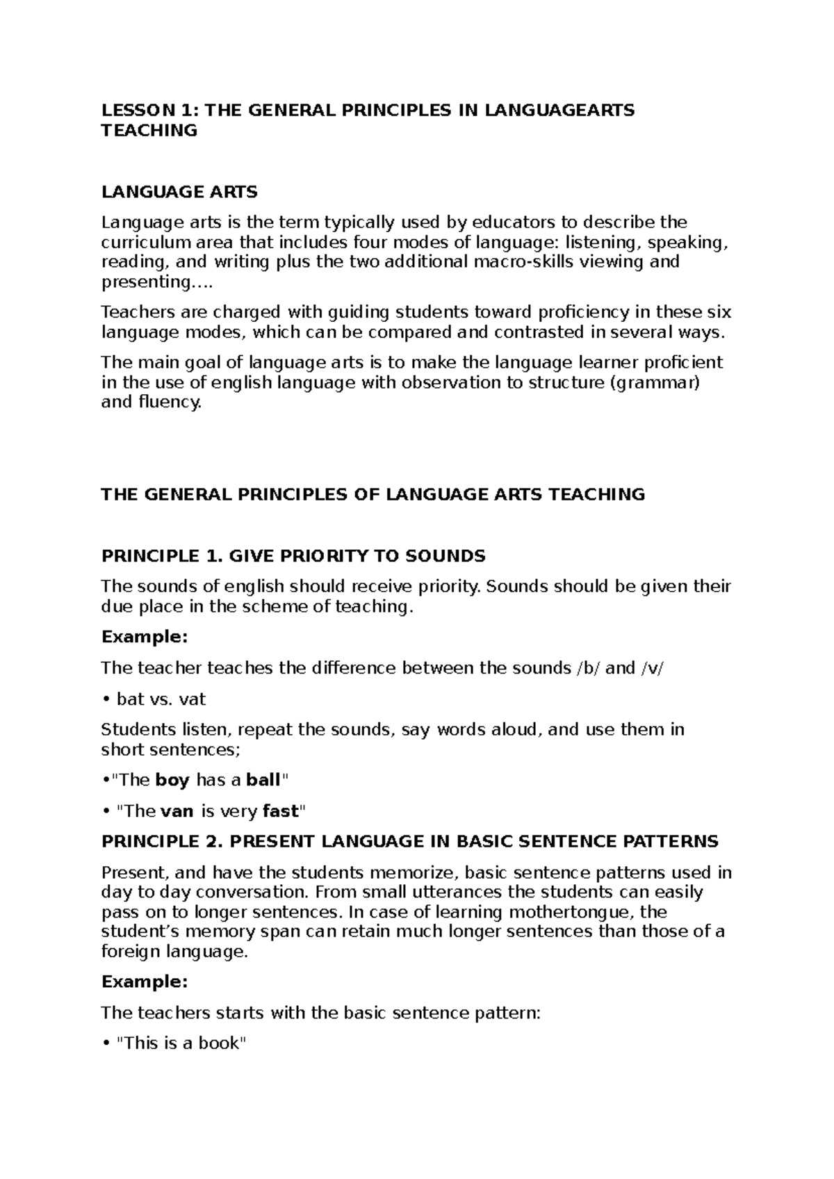 Lesson 1: General Principles in Language Arts Teaching - Studocu
