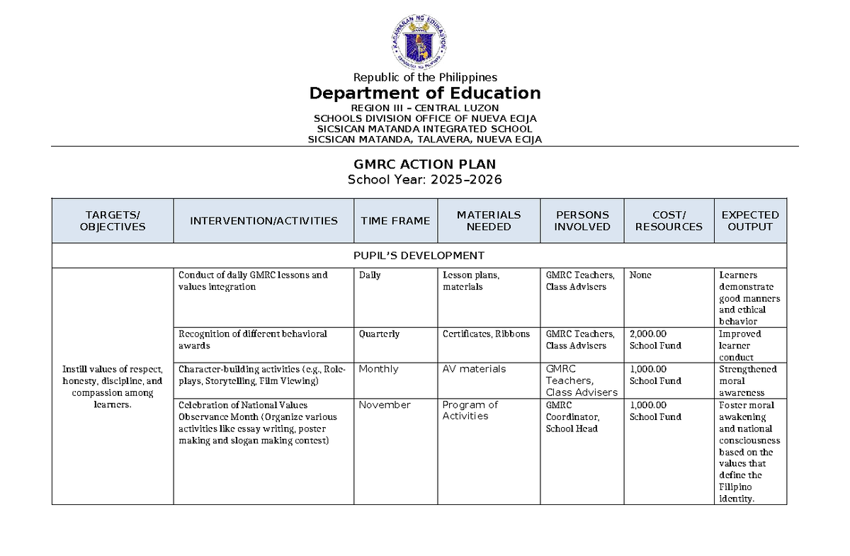 GMRC Action Plan for Values Education Implementation - Document Preview