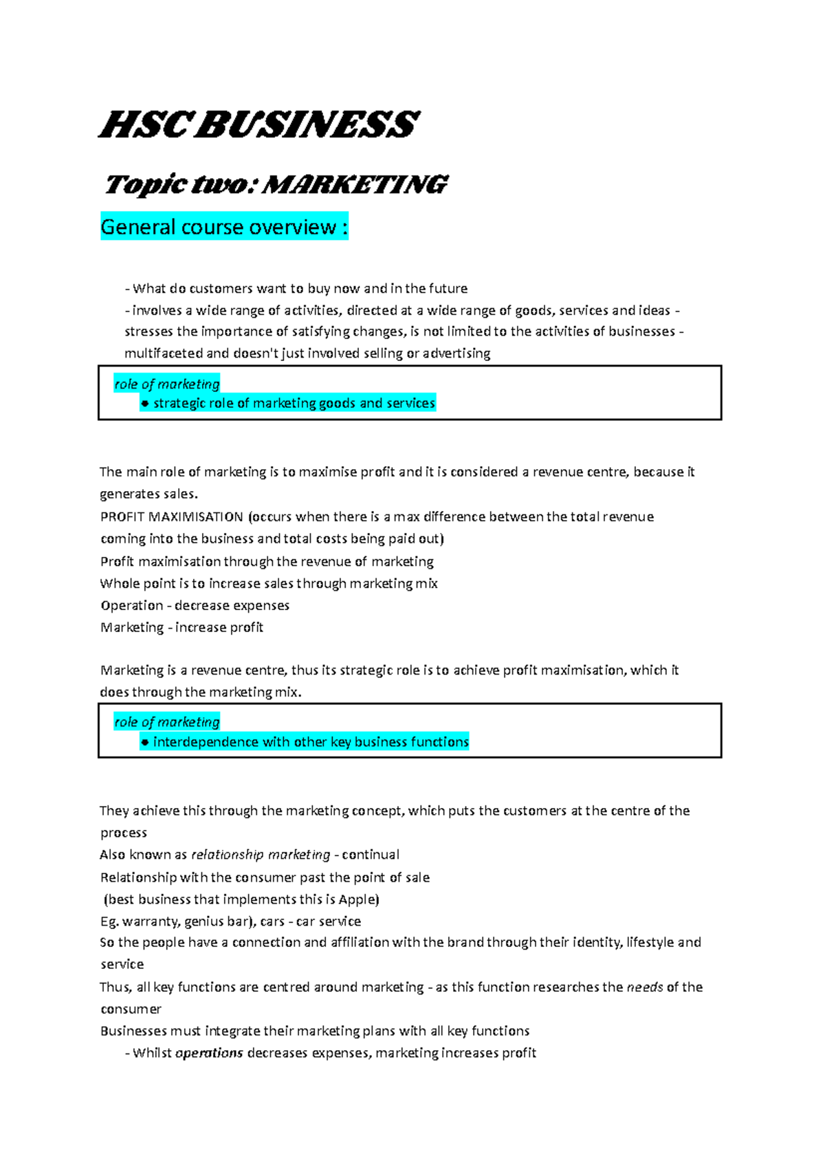 Business marketing notes - HSC BUSINESS Topic two: MARKETING General ...
