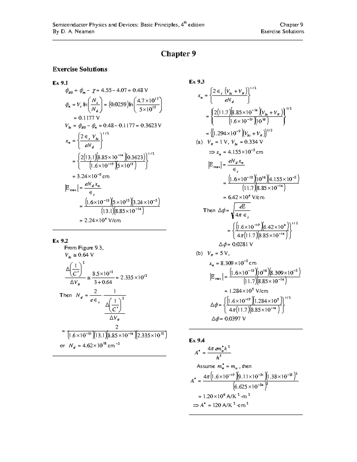 Chapter 9: Exercise Solutions for Semiconductor Physics (Course Code ...