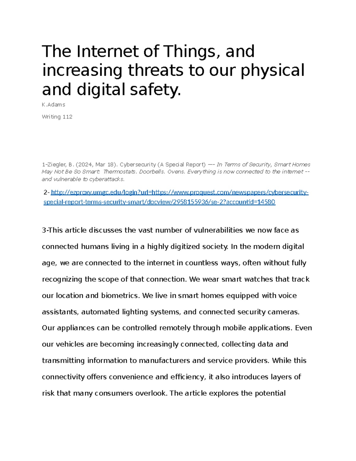 Exploring Cybersecurity Risks in IoT: Writing 112 B Issue Paper - Studocu