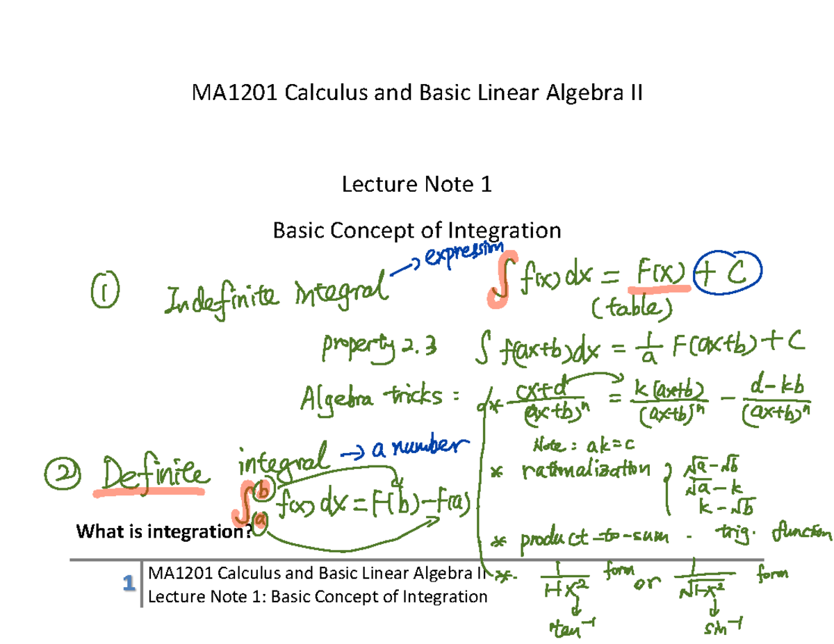 C1Integrationa 13 week 1 - 1 MA1201 Calculus and Basic Linear Algebra ...