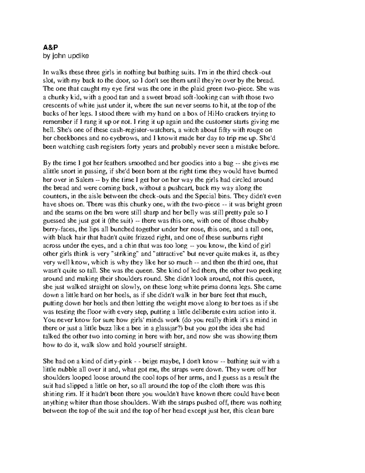 A&P by John Updike: Analysis of Social Norms and Rebellion - Studocu