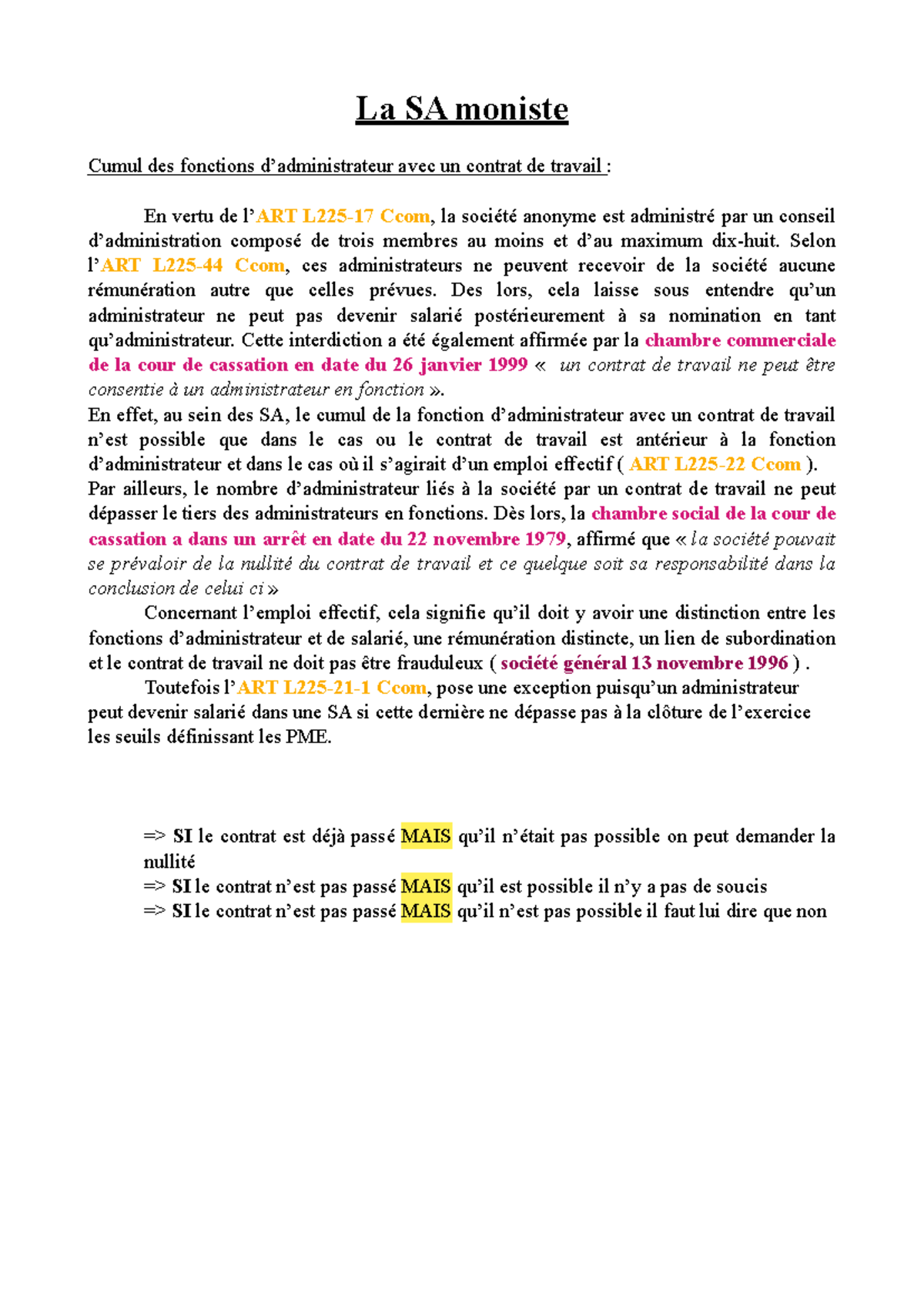 Cumul des Fonctions et Contrat de Travail en SA - Majeures Types SA ...