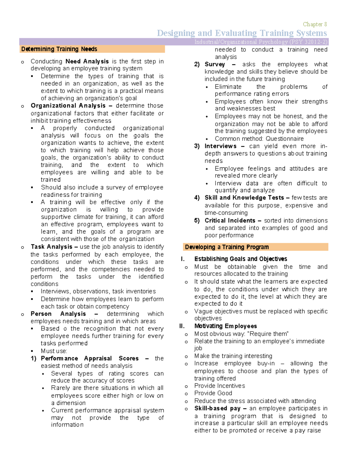 Indus Psych (PSY) Chapter 8: Designing & Evaluating Training Systems ...