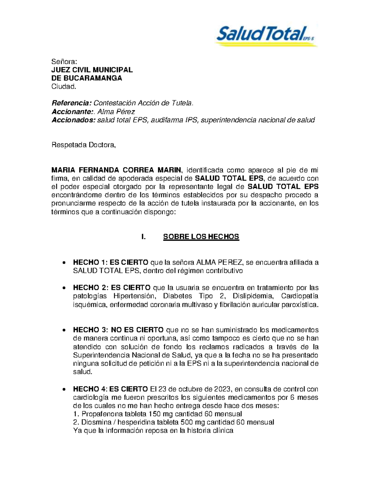 Contestación Acción de Tutela - Caso Alma Pérez vs Salud Total EPS ...