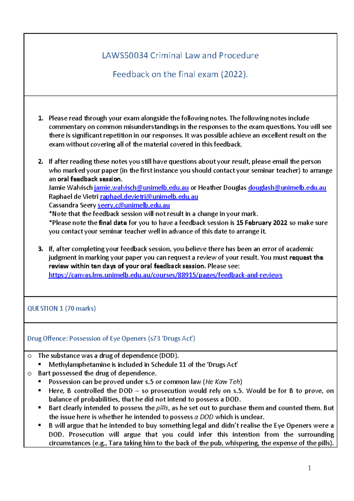 LAWS50034 Criminal Law & Procedure Final Exam Feedback (2022) - Studocu