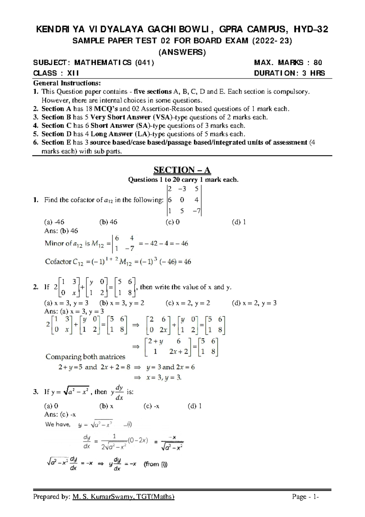 Maths Class XII Sample Paper Test 02 with Answers (2022-23) - Studocu